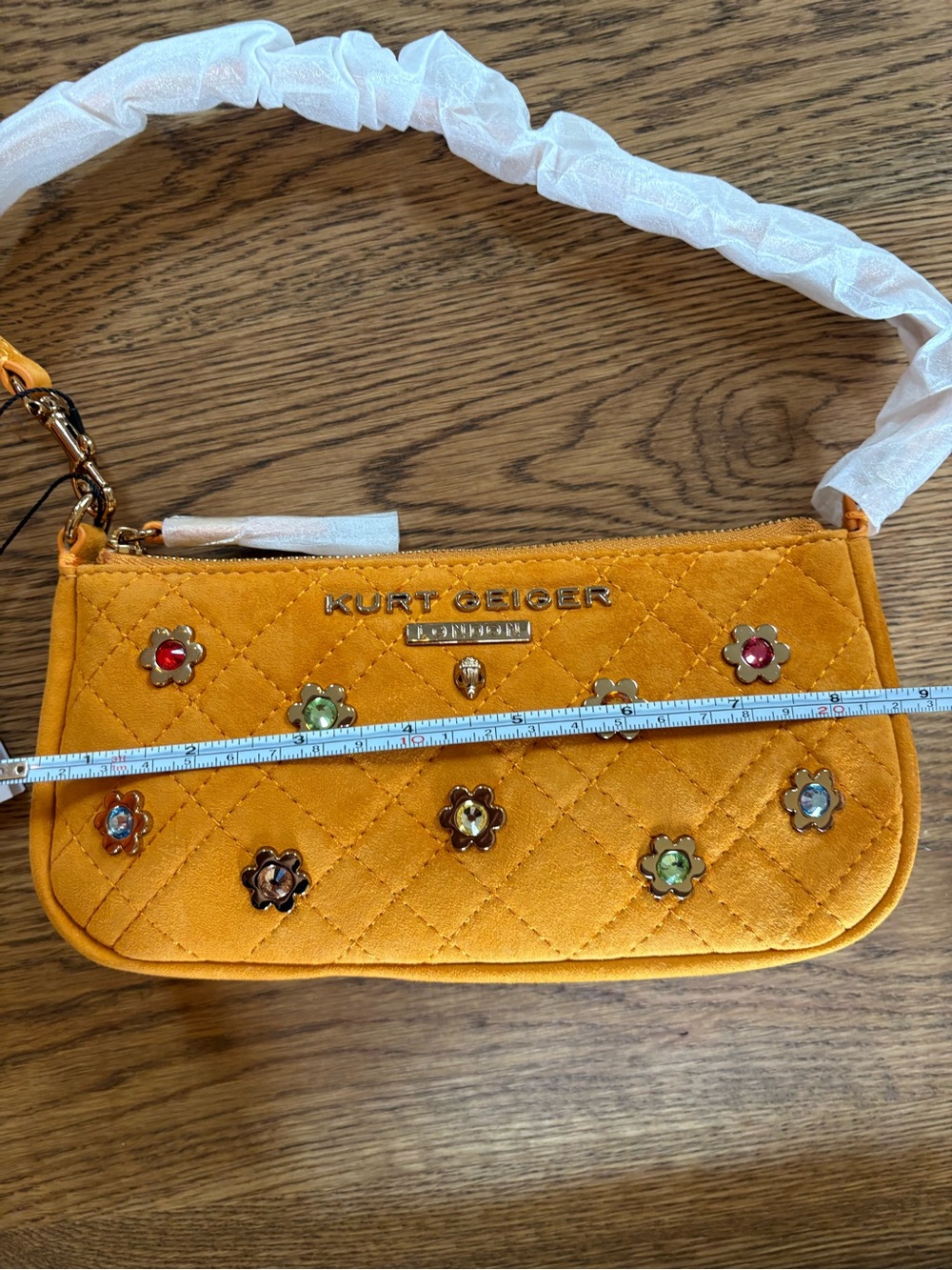 Kurt Geiger Mustard Suede Quilted Mini Shoulder Bag with Floral Studs NWT - Picture 6 of 6